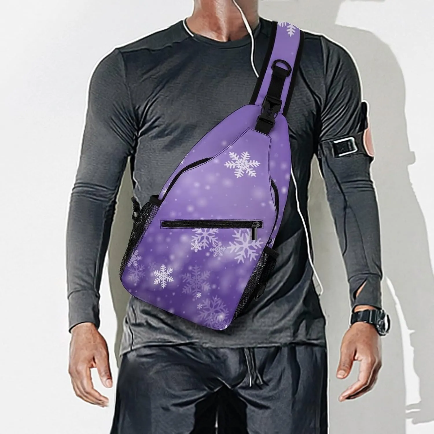 Sling Bag Snowflakes Winter Purple Crossbody Backpack with Anti Theft New Years Christmas Adjustable Shoulder Bag for Travel,Hiking,Cycling,Camping