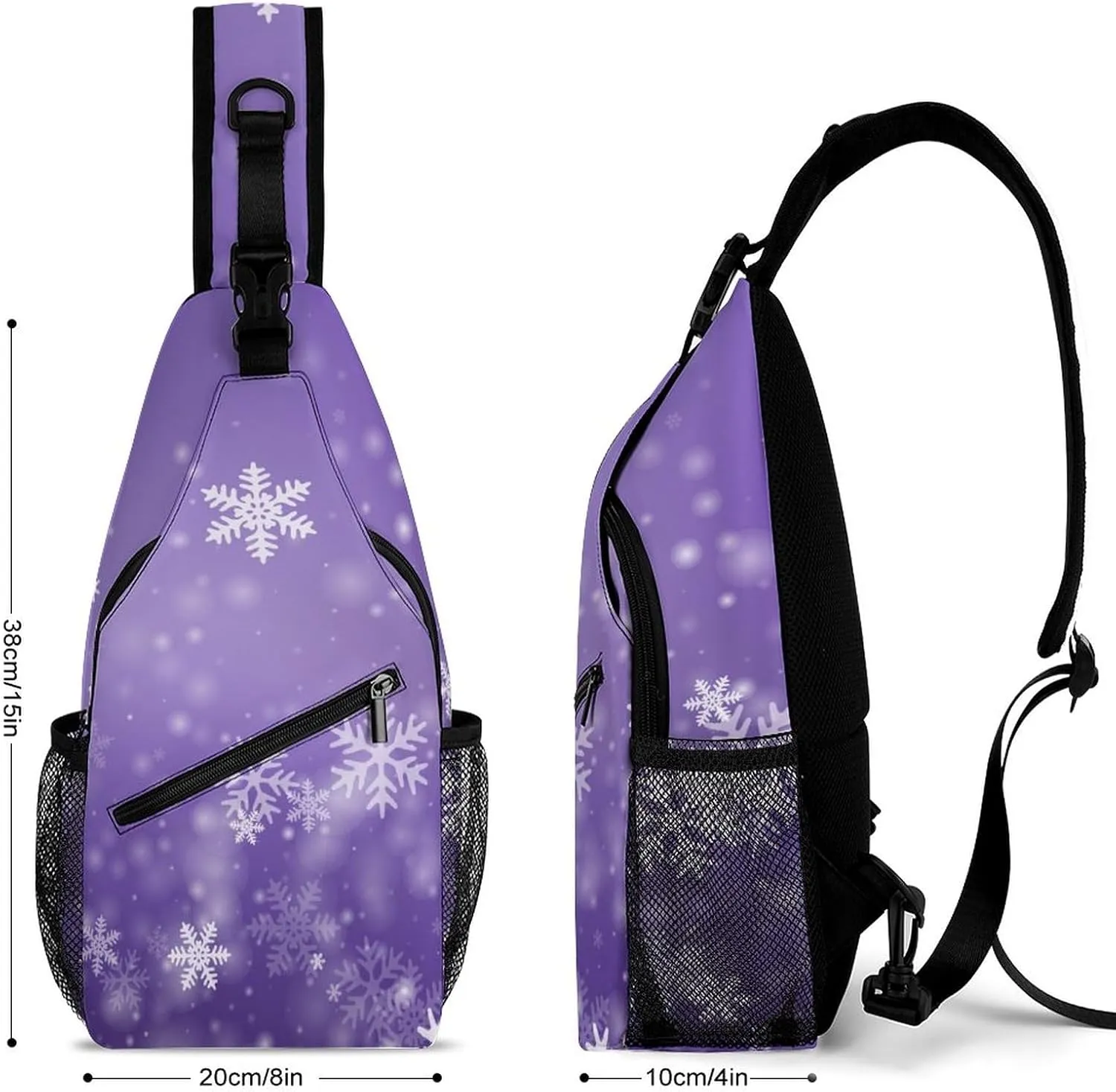Sling Bag Snowflakes Winter Purple Crossbody Backpack with Anti Theft New Years Christmas Adjustable Shoulder Bag for Travel,Hiking,Cycling,Camping