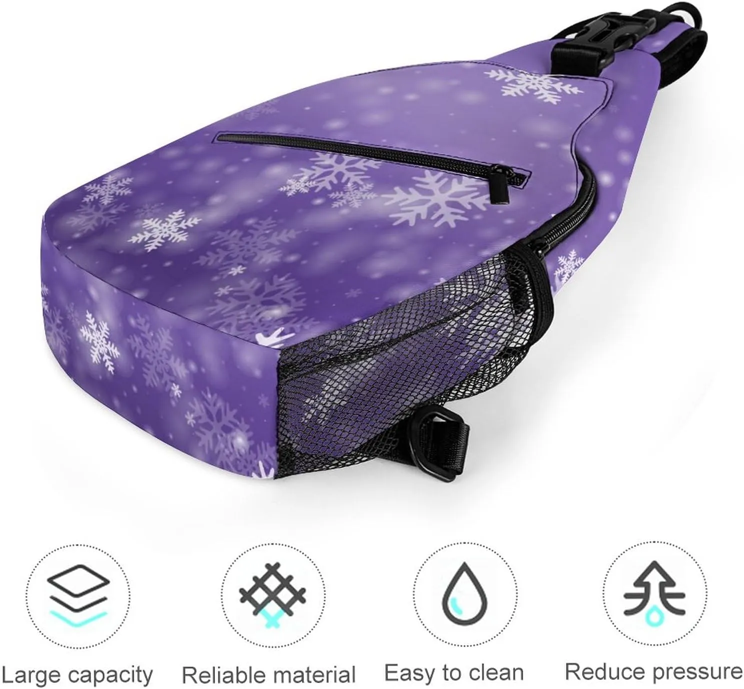 Sling Bag Snowflakes Winter Purple Crossbody Backpack with Anti Theft New Years Christmas Adjustable Shoulder Bag for Travel,Hiking,Cycling,Camping