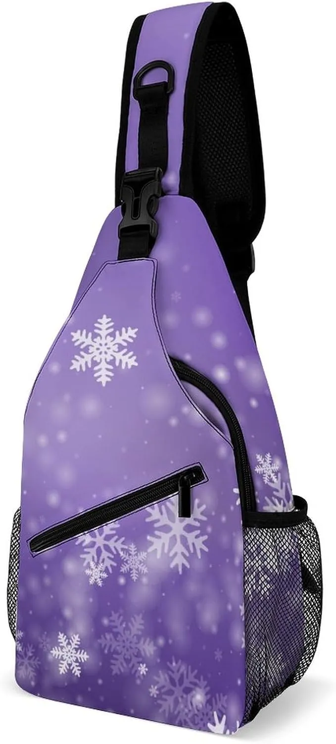 Sling Bag Snowflakes Winter Purple Crossbody Backpack with Anti Theft New Years Christmas Adjustable Shoulder Bag for Travel,Hiking,Cycling,Camping