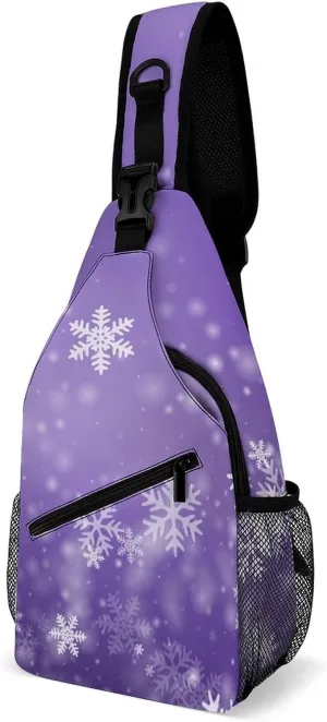 Sling Bag Snowflakes Winter Purple Crossbody Backpack with Anti Theft New Years Christmas Adjustable Shoulder Bag for Travel,Hiking,Cycling,Camping