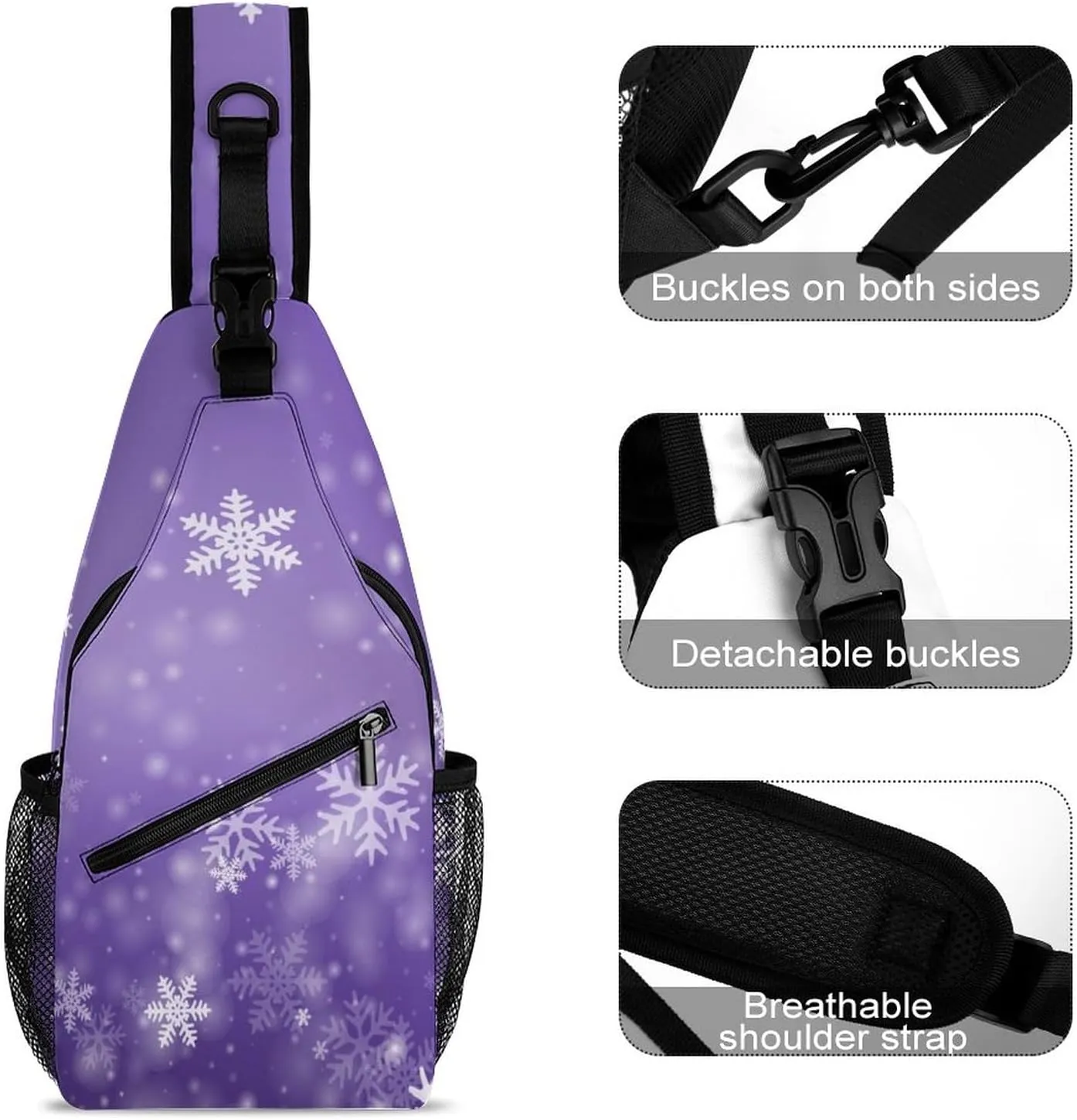 Sling Bag Snowflakes Winter Purple Crossbody Backpack with Anti Theft New Years Christmas Adjustable Shoulder Bag for Travel,Hiking,Cycling,Camping