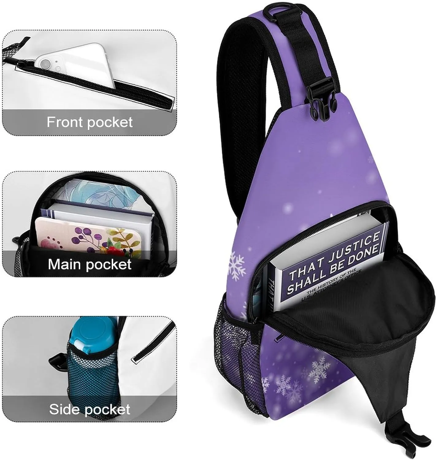 Sling Bag Snowflakes Winter Purple Crossbody Backpack with Anti Theft New Years Christmas Adjustable Shoulder Bag for Travel,Hiking,Cycling,Camping