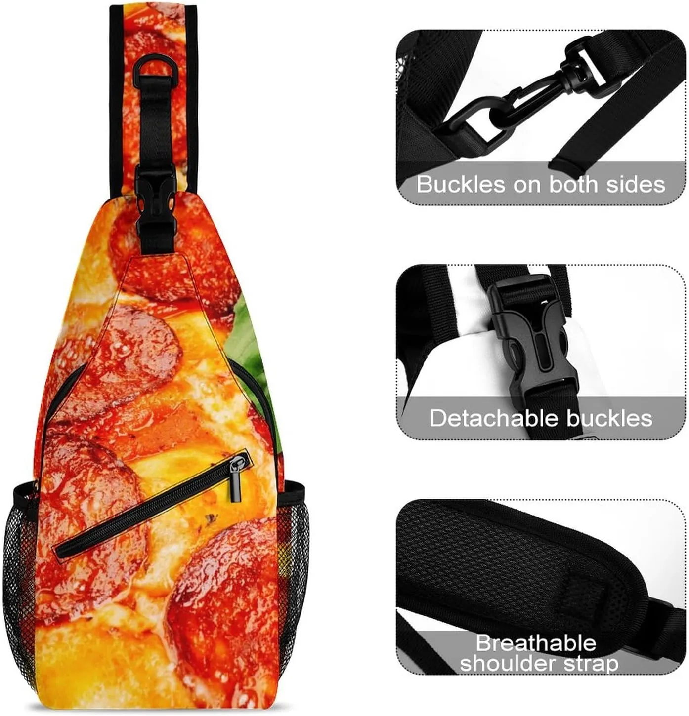 Sling Bag Thinly Sliced Pepperoni Crossbody Backpack with Anti Theft Pizza Food Adjustable Shoulder Bag for Travel,Hiking,Cycling,Camping