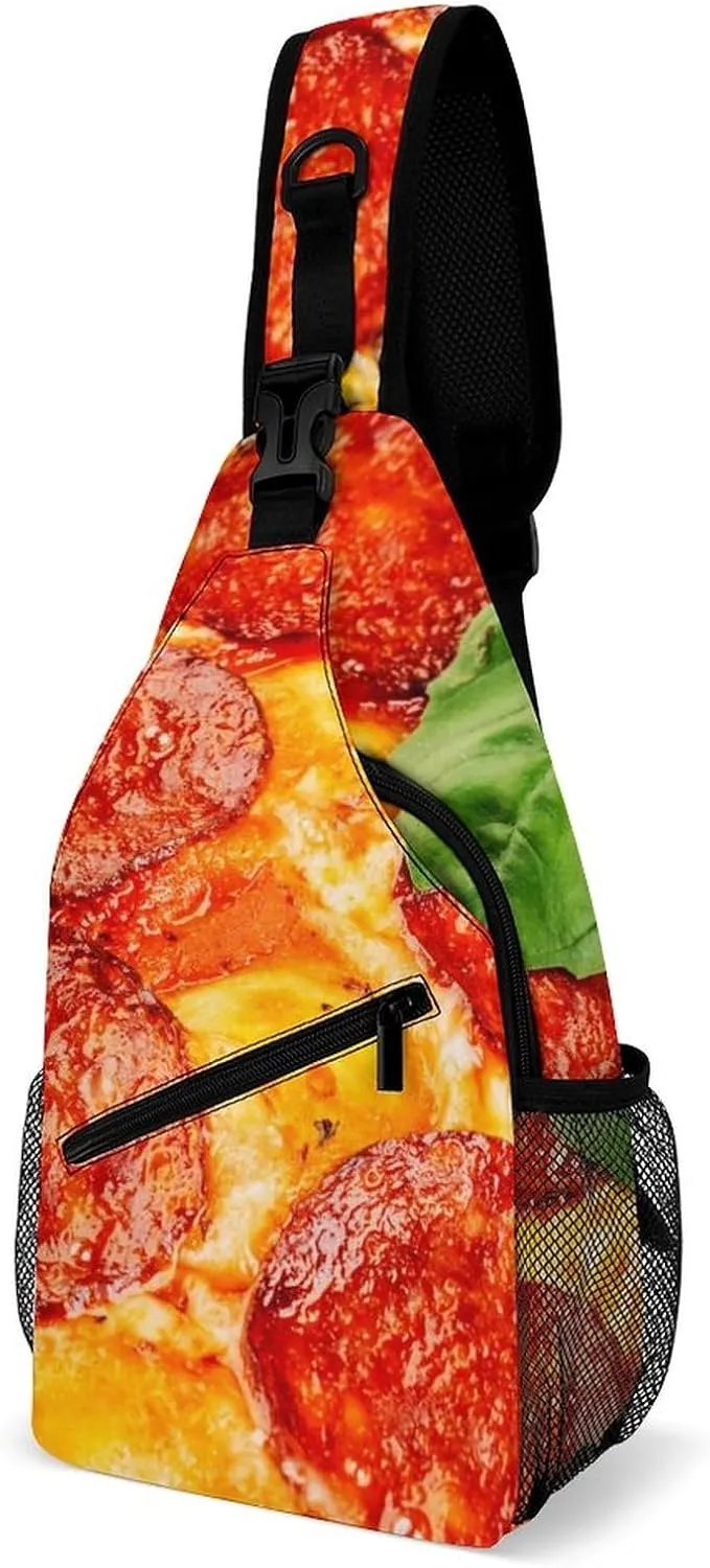 Sling Bag Thinly Sliced Pepperoni Crossbody Backpack with Anti Theft Pizza Food Adjustable Shoulder Bag for Travel,Hiking,Cycling,Camping