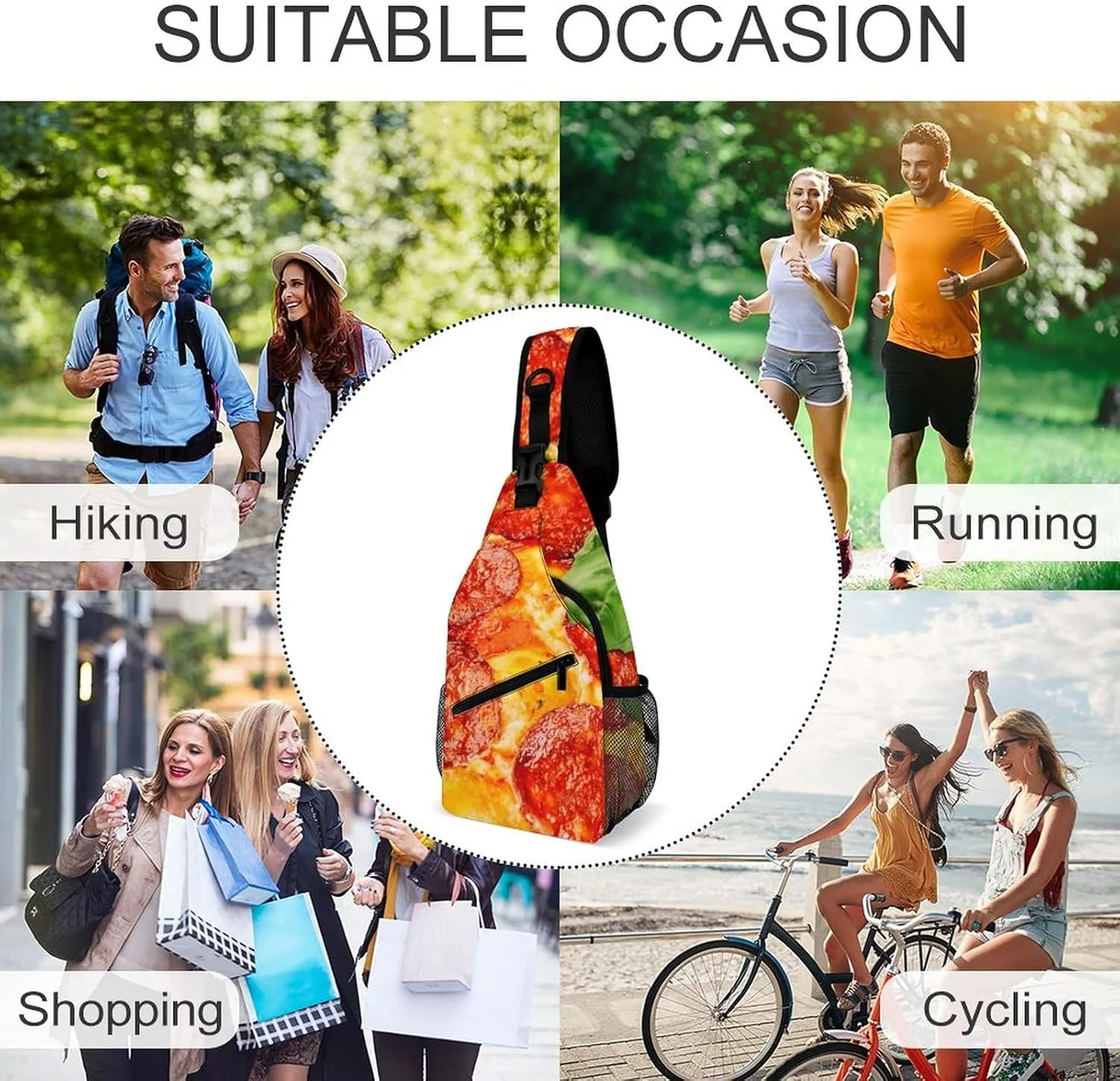 Sling Bag Thinly Sliced Pepperoni Crossbody Backpack with Anti Theft Pizza Food Adjustable Shoulder Bag for Travel,Hiking,Cycling,Camping