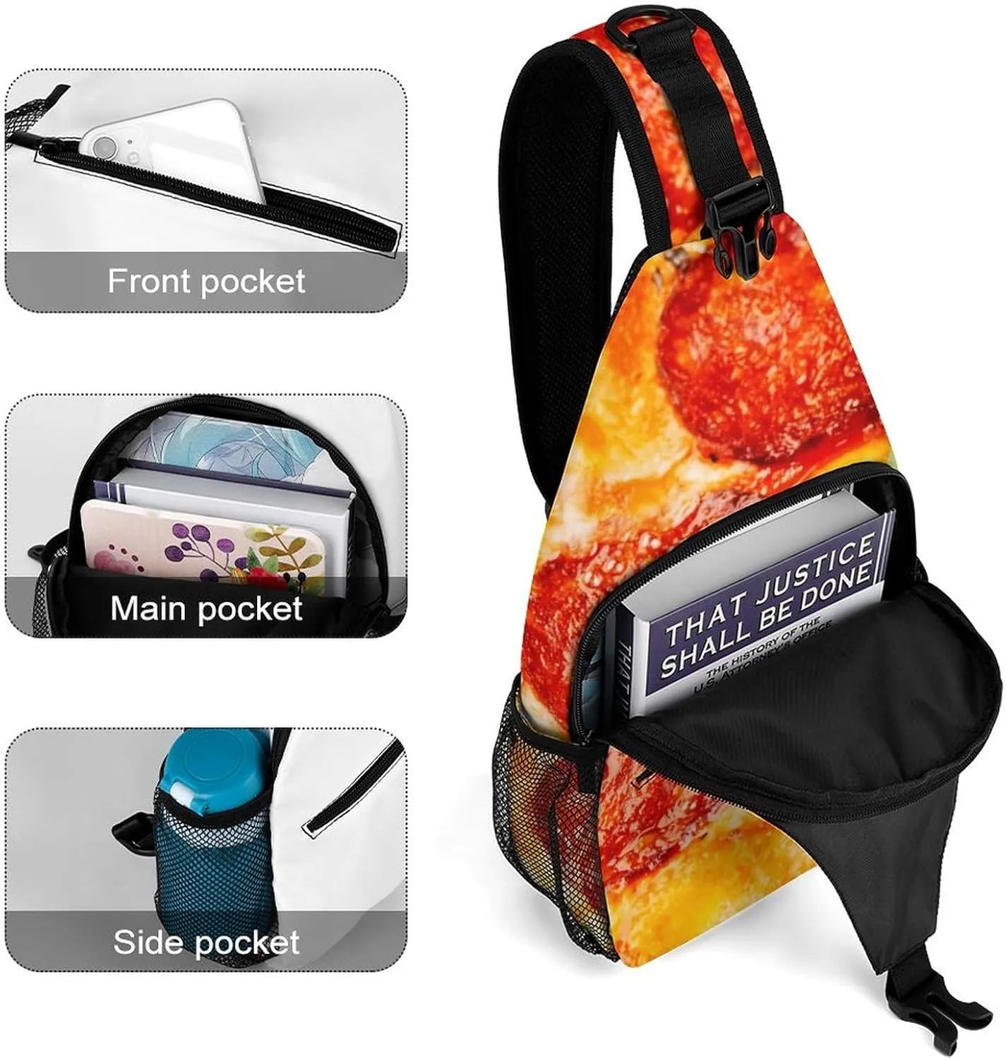 Sling Bag Thinly Sliced Pepperoni Crossbody Backpack with Anti Theft Pizza Food Adjustable Shoulder Bag for Travel,Hiking,Cycling,Camping