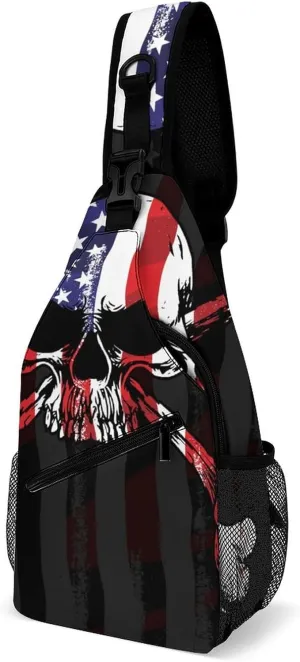 Sling Bag Vintage Skull Crossbody Backpack with Anti Theft American Flag Adjustable Shoulder Bag for Travel,Hiking,Cycling,Camping