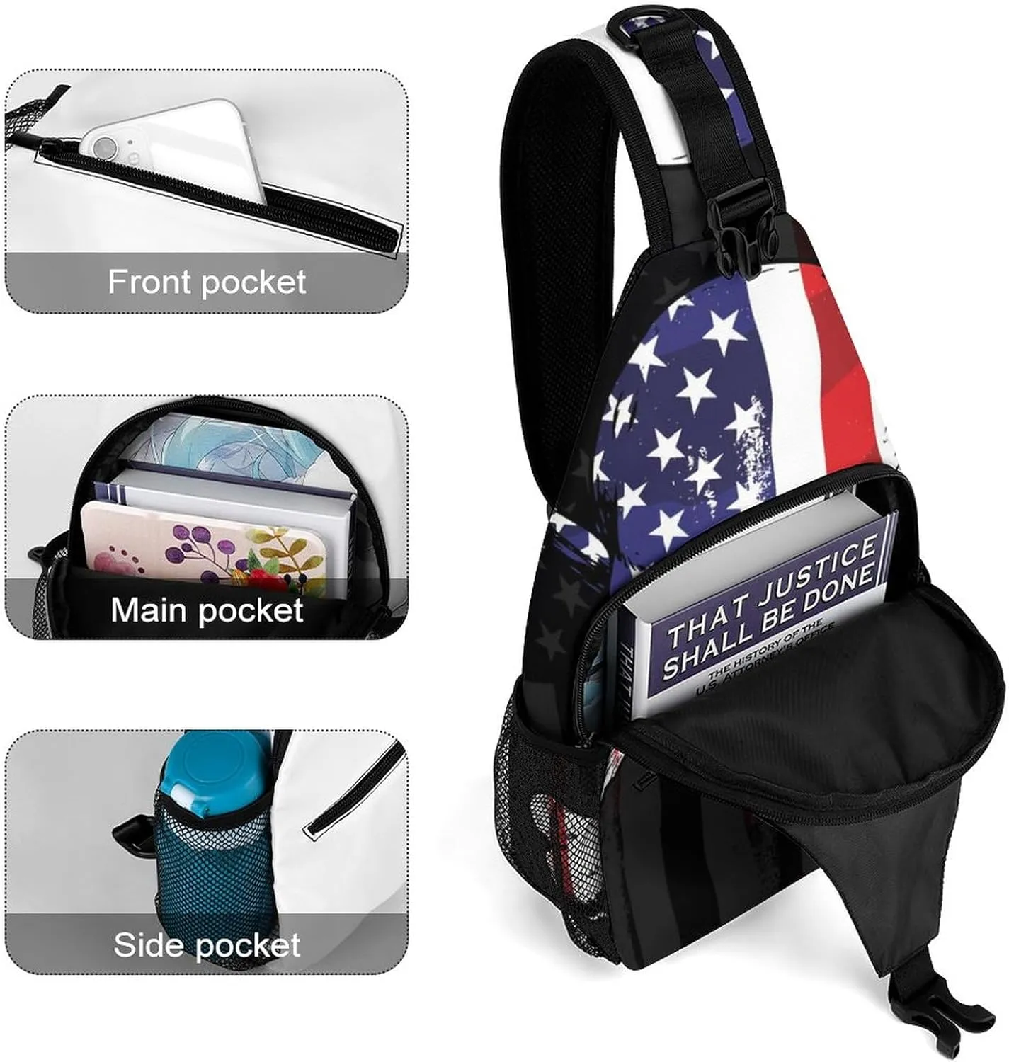 Sling Bag Vintage Skull Crossbody Backpack with Anti Theft American Flag Adjustable Shoulder Bag for Travel,Hiking,Cycling,Camping