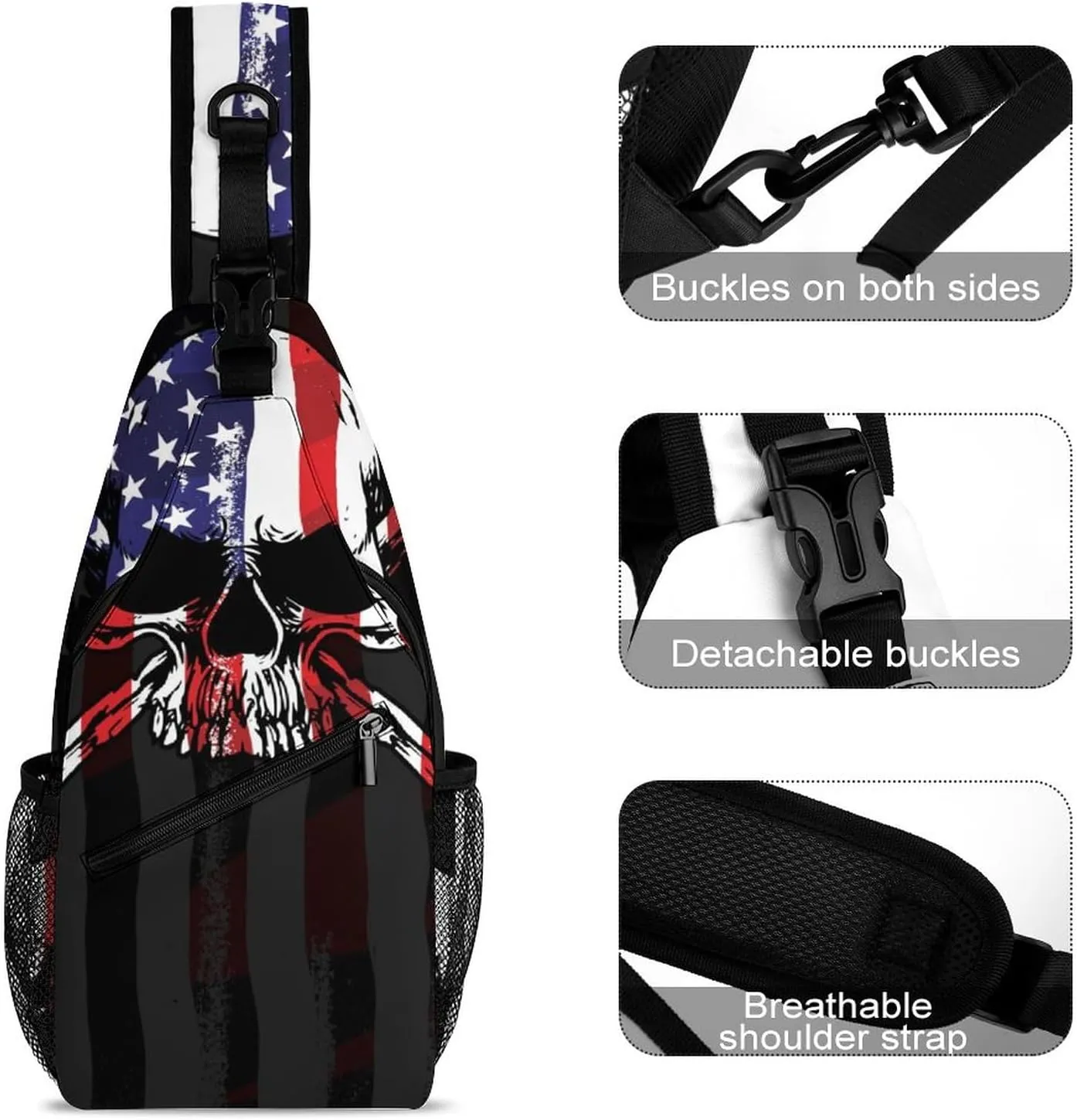 Sling Bag Vintage Skull Crossbody Backpack with Anti Theft American Flag Adjustable Shoulder Bag for Travel,Hiking,Cycling,Camping