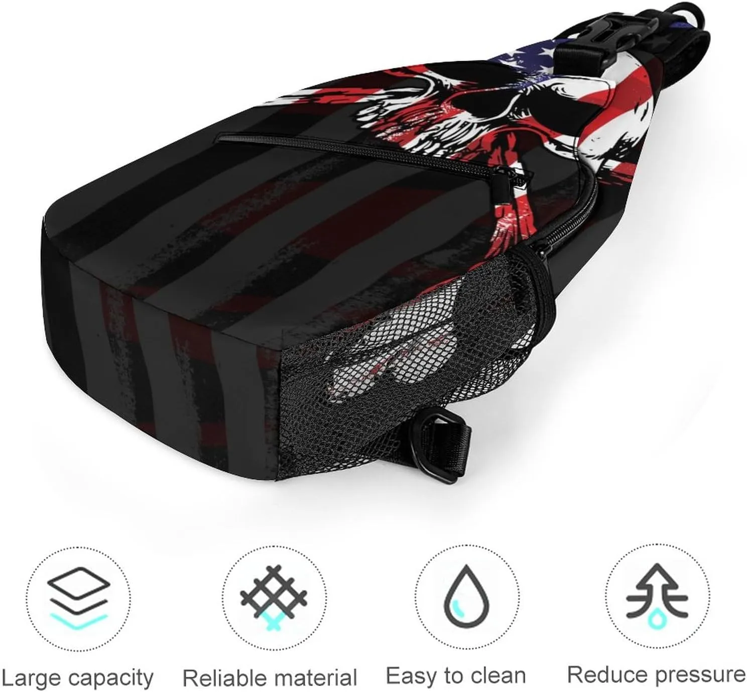 Sling Bag Vintage Skull Crossbody Backpack with Anti Theft American Flag Adjustable Shoulder Bag for Travel,Hiking,Cycling,Camping