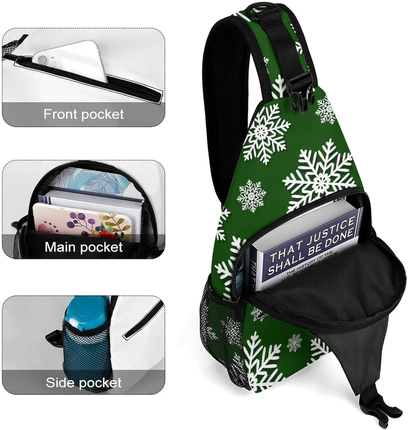 Sling Bag Winter Green Snowflake Crossbody Backpack with Anti Theft Christmas New Year Adjustable Shoulder Bag for Travel,Hiking,Cycling,Camping