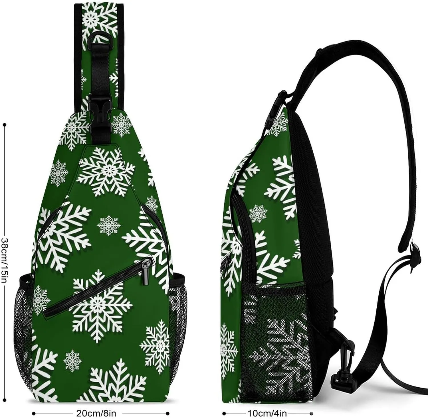 Sling Bag Winter Green Snowflake Crossbody Backpack with Anti Theft Christmas New Year Adjustable Shoulder Bag for Travel,Hiking,Cycling,Camping