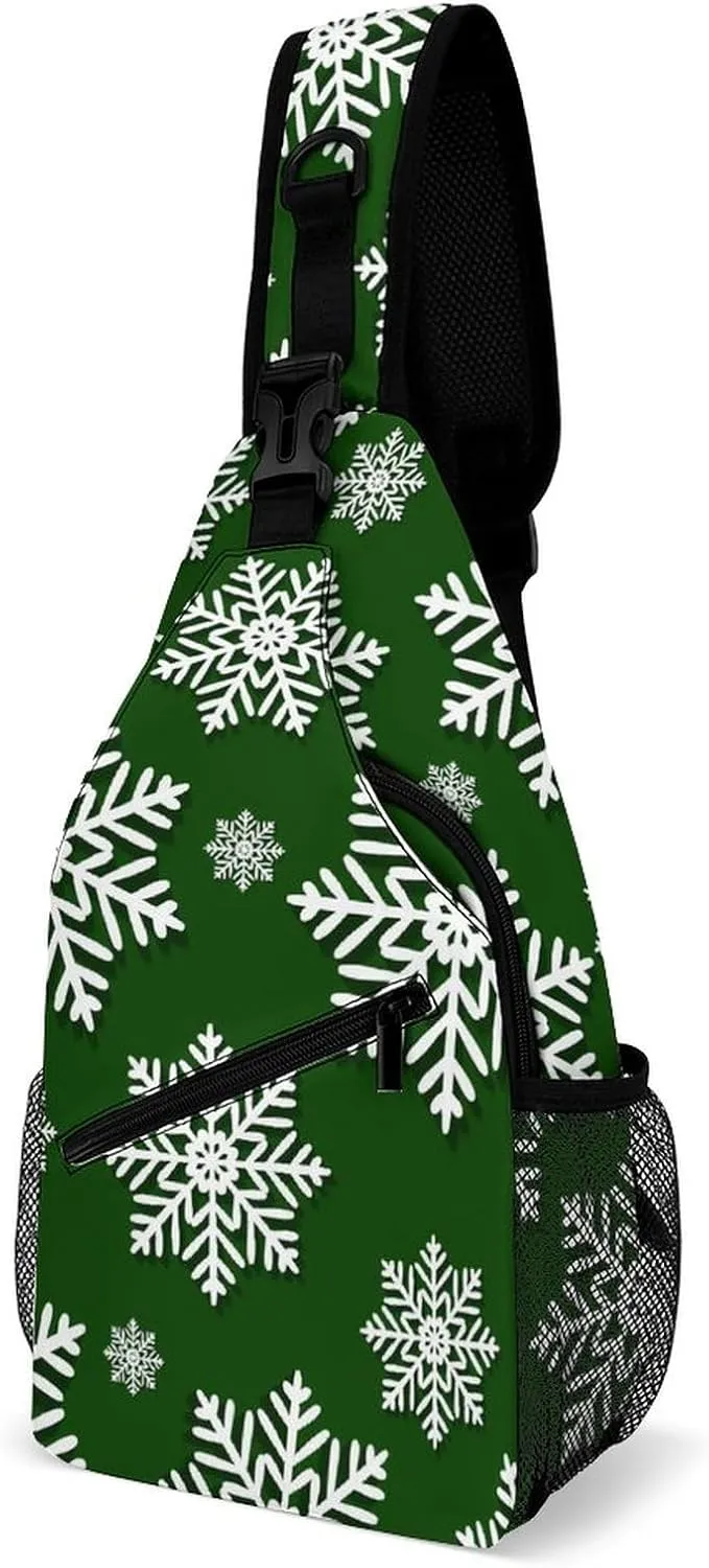 Sling Bag Winter Green Snowflake Crossbody Backpack with Anti Theft Christmas New Year Adjustable Shoulder Bag for Travel,Hiking,Cycling,Camping