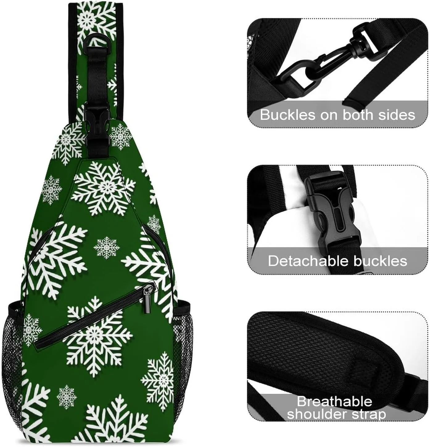 Sling Bag Winter Green Snowflake Crossbody Backpack with Anti Theft Christmas New Year Adjustable Shoulder Bag for Travel,Hiking,Cycling,Camping