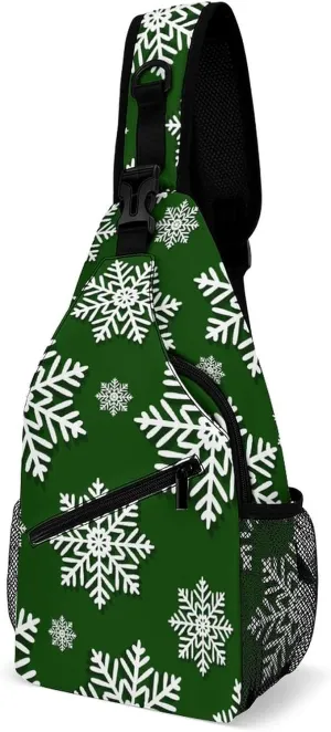 Sling Bag Winter Green Snowflake Crossbody Backpack with Anti Theft Christmas New Year Adjustable Shoulder Bag for Travel,Hiking,Cycling,Camping
