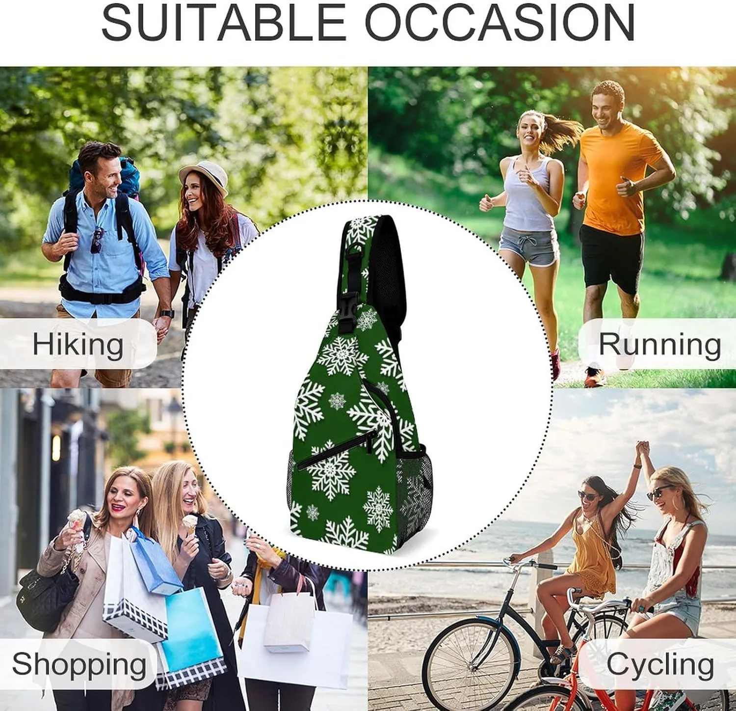 Sling Bag Winter Green Snowflake Crossbody Backpack with Anti Theft Christmas New Year Adjustable Shoulder Bag for Travel,Hiking,Cycling,Camping