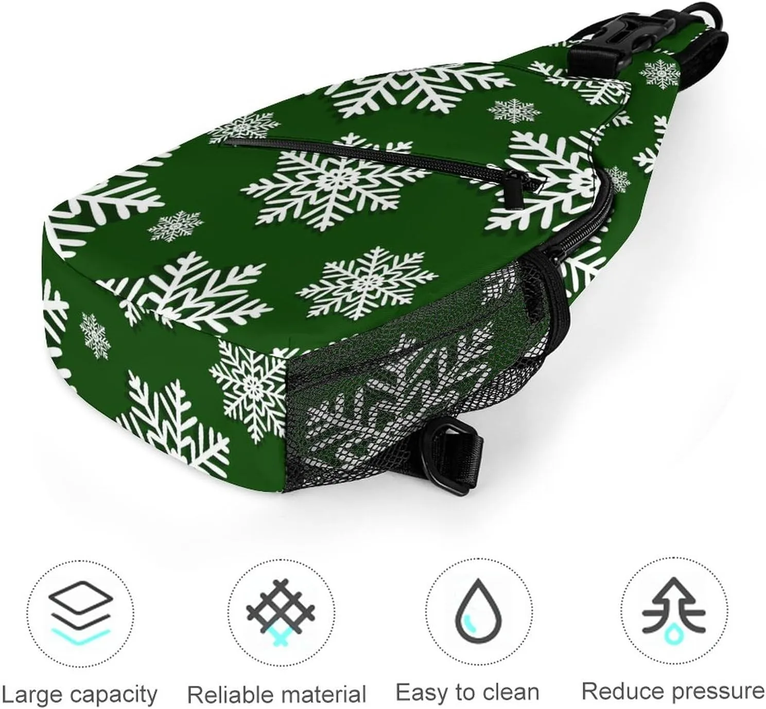 Sling Bag Winter Green Snowflake Crossbody Backpack with Anti Theft Christmas New Year Adjustable Shoulder Bag for Travel,Hiking,Cycling,Camping