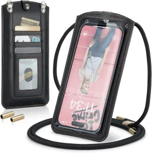 Small Crossbody Bag Cell Phone Purse for Women Men Leather Mini Shoulder Bag Wallet Case with Card Holder Slot Necklace Lanyard for All Smartphones iPhone Samsung Google Moto up to 7.3" Black