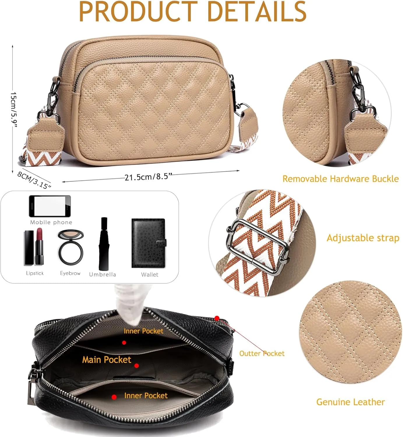 Small Crossbody Bag for Women Genuine leather Crossbody Purses with Wide Guitar Strap Shoulder Handbag Satchel