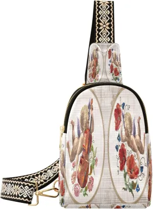 Small Sling Bag for Women Crossbody Vintage Violin Roses Angles Trendy Crossbody Bag Fashion Waist Packs Embroidery Leather Chest Bag for Women Fanny Pack with Guitar Strap Travel Outdoor Outfit