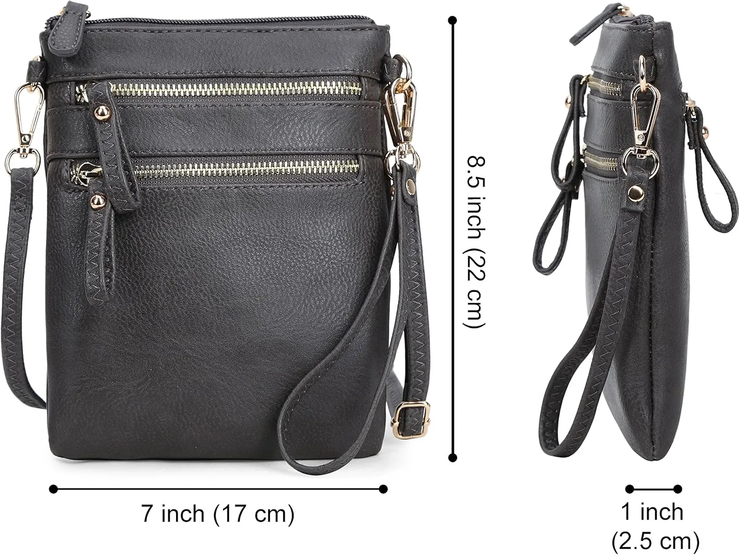 Solene Small Crossbody Bag for Women, Multi Zip Pockets with Detachable Wristlet, Lightweight Travel Purse, Cell Phone Pouch