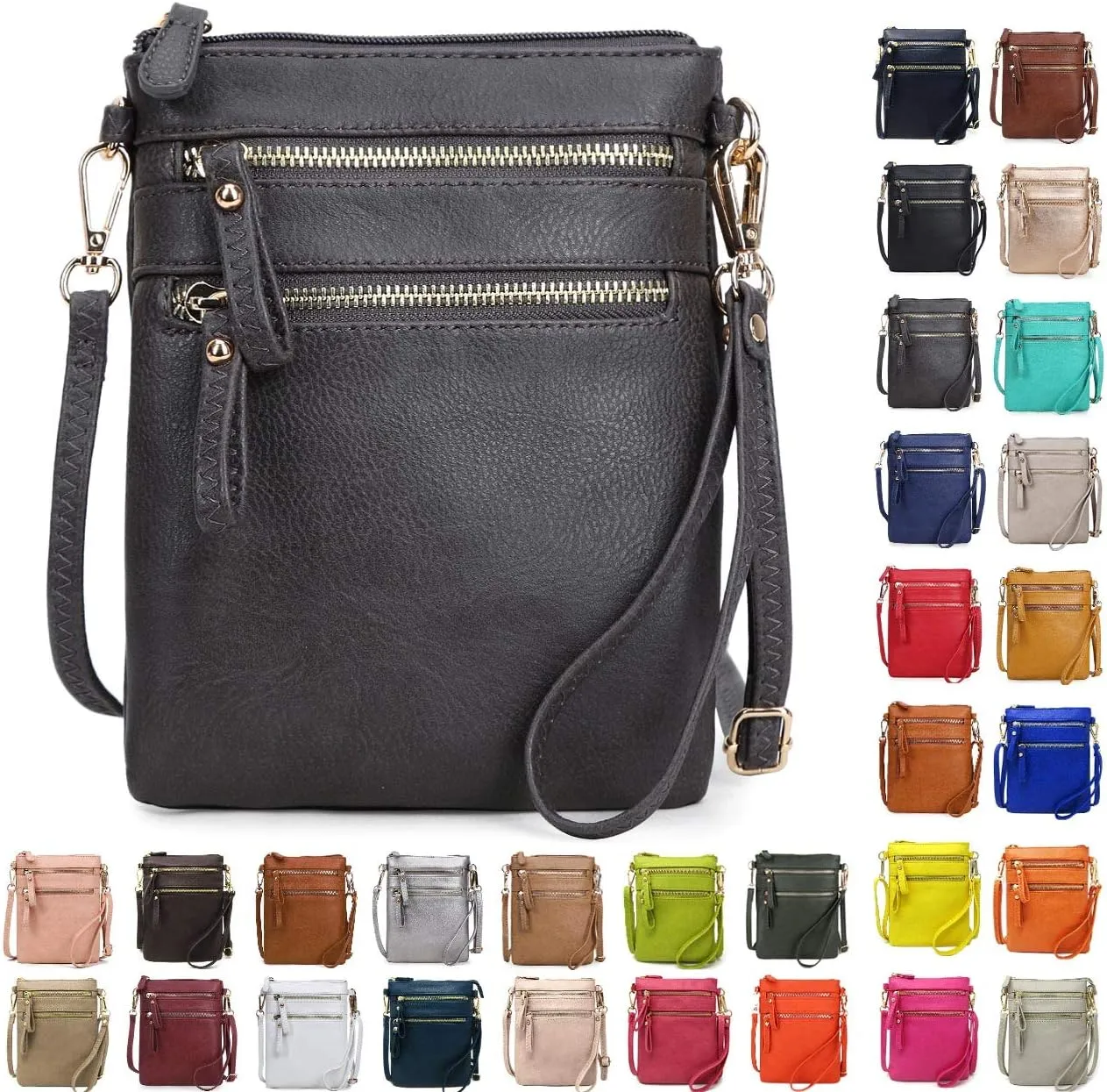 Solene Small Crossbody Bag for Women, Multi Zip Pockets with Detachable Wristlet, Lightweight Travel Purse, Cell Phone Pouch