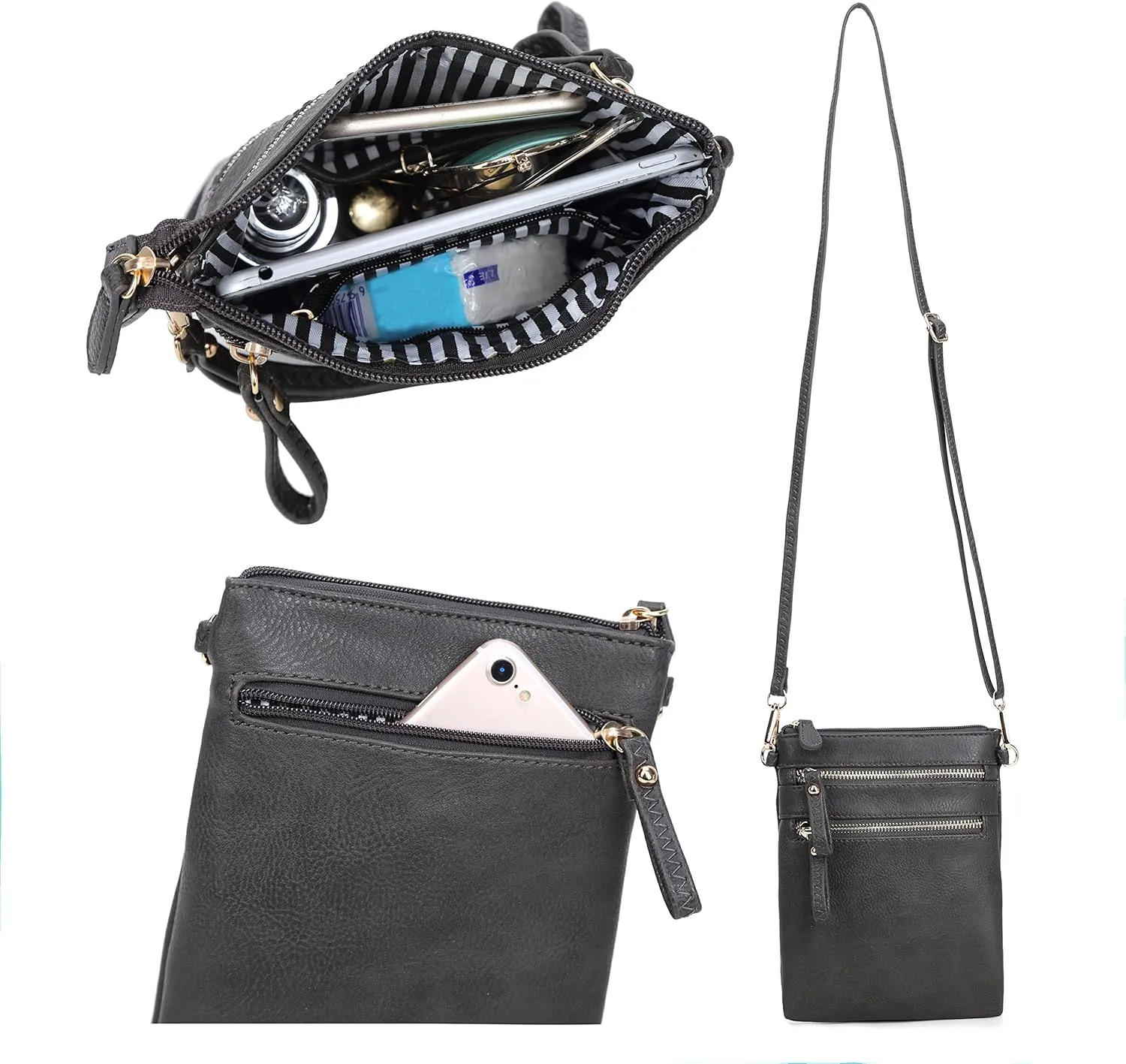 Solene Small Crossbody Bag for Women, Multi Zip Pockets with Detachable Wristlet, Lightweight Travel Purse, Cell Phone Pouch