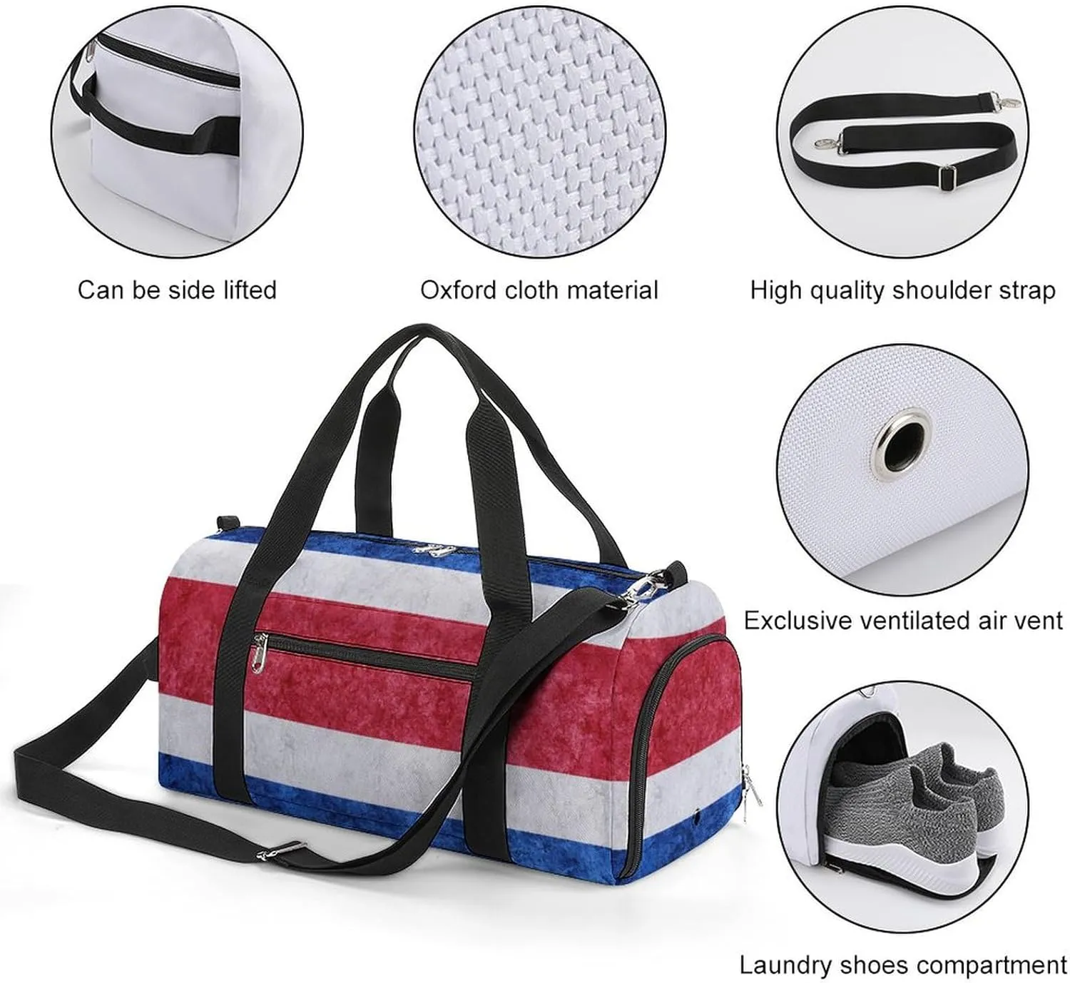 Sports Duffel Bag with Costa Rica Flag Textured Shoe Compartment Waterproof for Travel Gym
