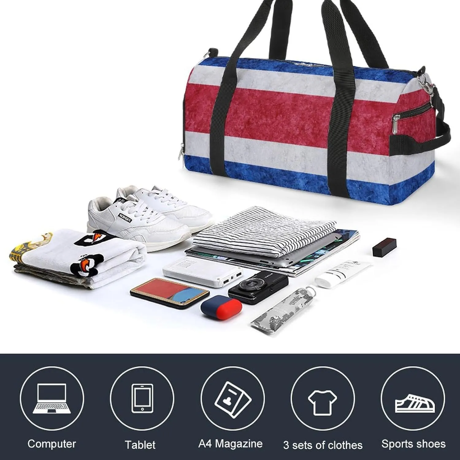 Sports Duffel Bag with Costa Rica Flag Textured Shoe Compartment Waterproof for Travel Gym