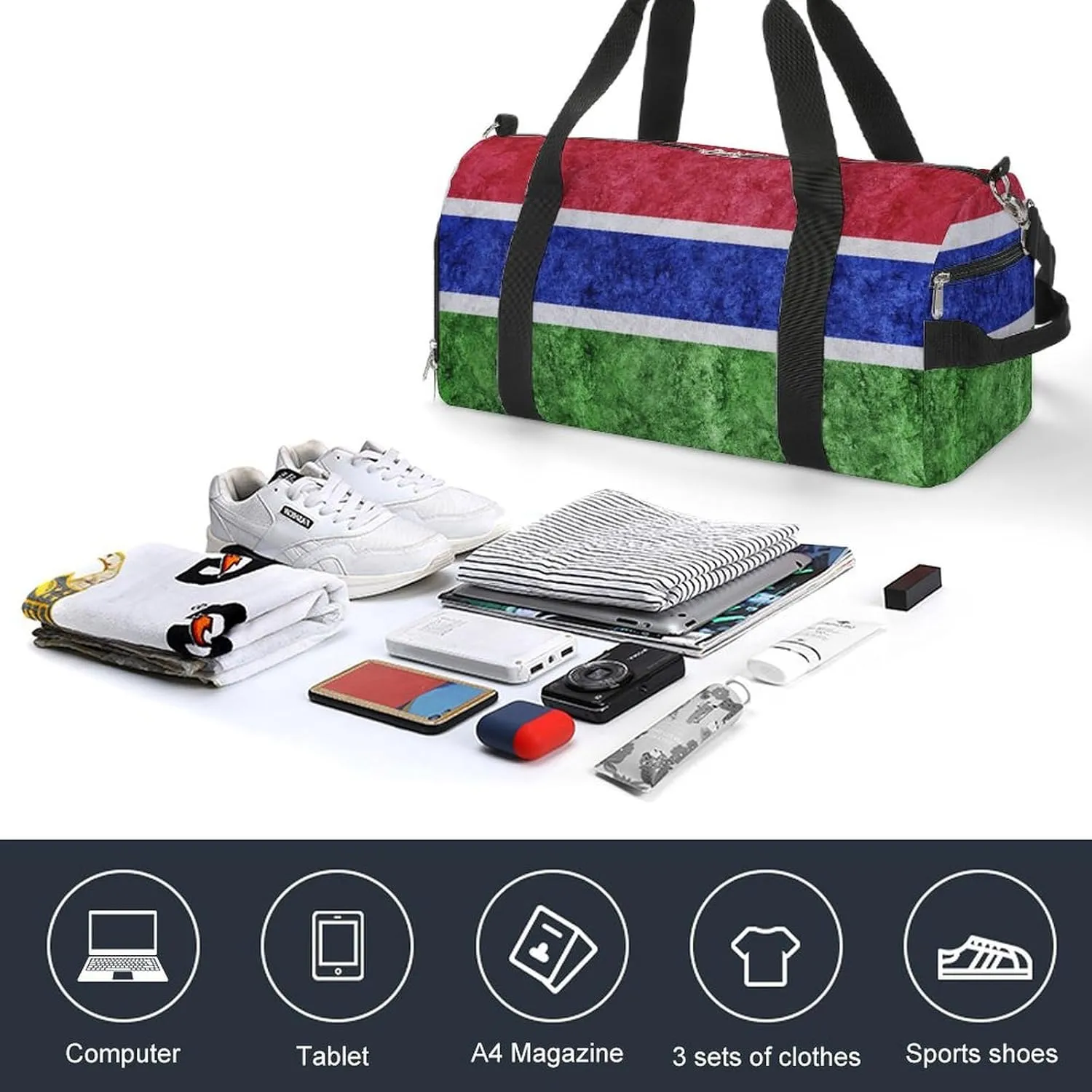 Sports Duffel Bag with Gambia Flag Textured Shoe Compartment Waterproof for Travel Gym