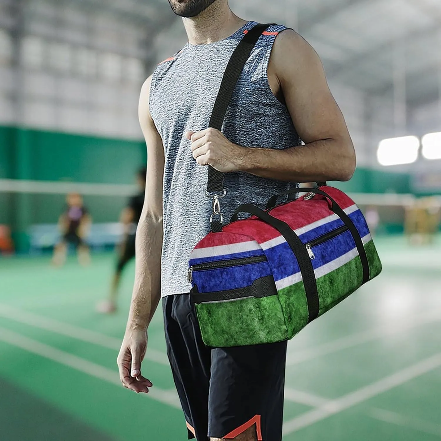 Sports Duffel Bag with Gambia Flag Textured Shoe Compartment Waterproof for Travel Gym