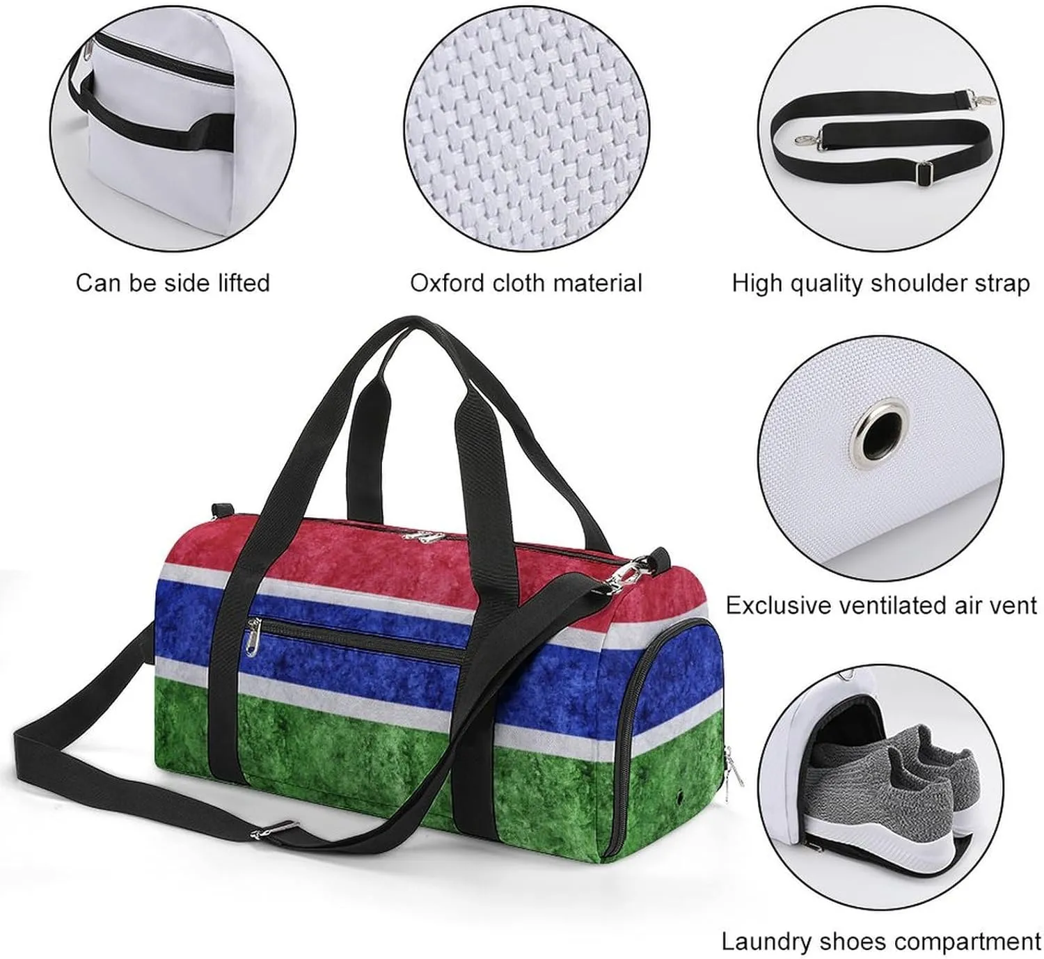 Sports Duffel Bag with Gambia Flag Textured Shoe Compartment Waterproof for Travel Gym