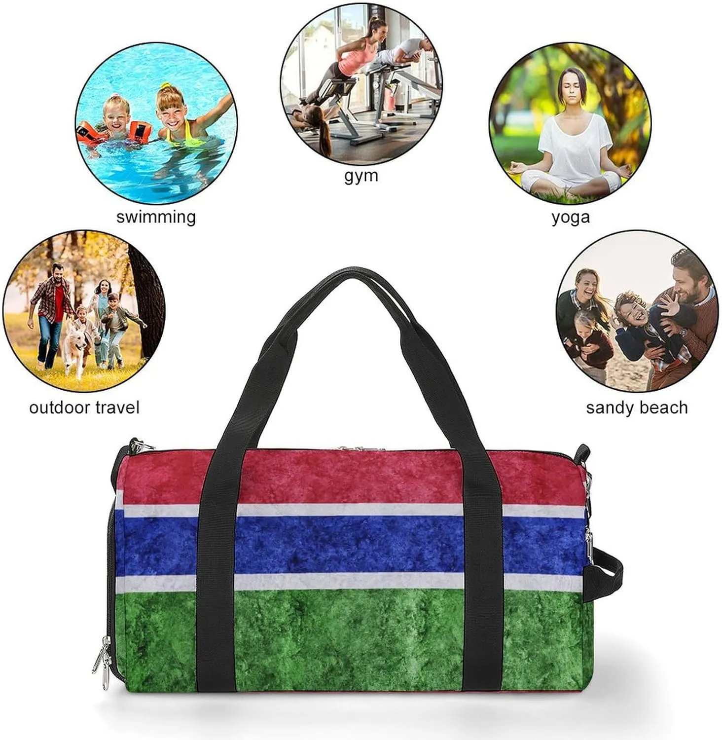 Sports Duffel Bag with Gambia Flag Textured Shoe Compartment Waterproof for Travel Gym