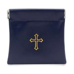 Squeeze Top Rosary Pouch Dark Blue Faux Leather with Cross Imprint