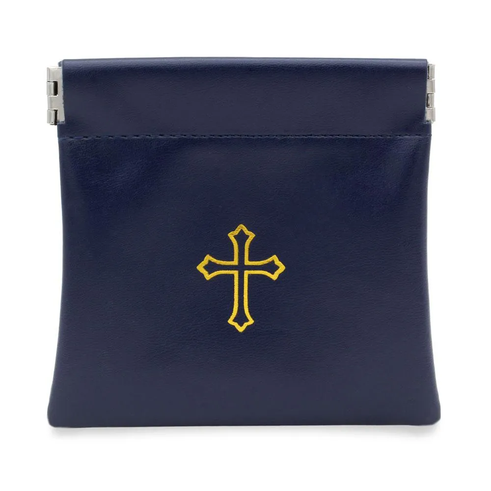 Squeeze Top Rosary Pouch Dark Blue Faux Leather with Cross Imprint