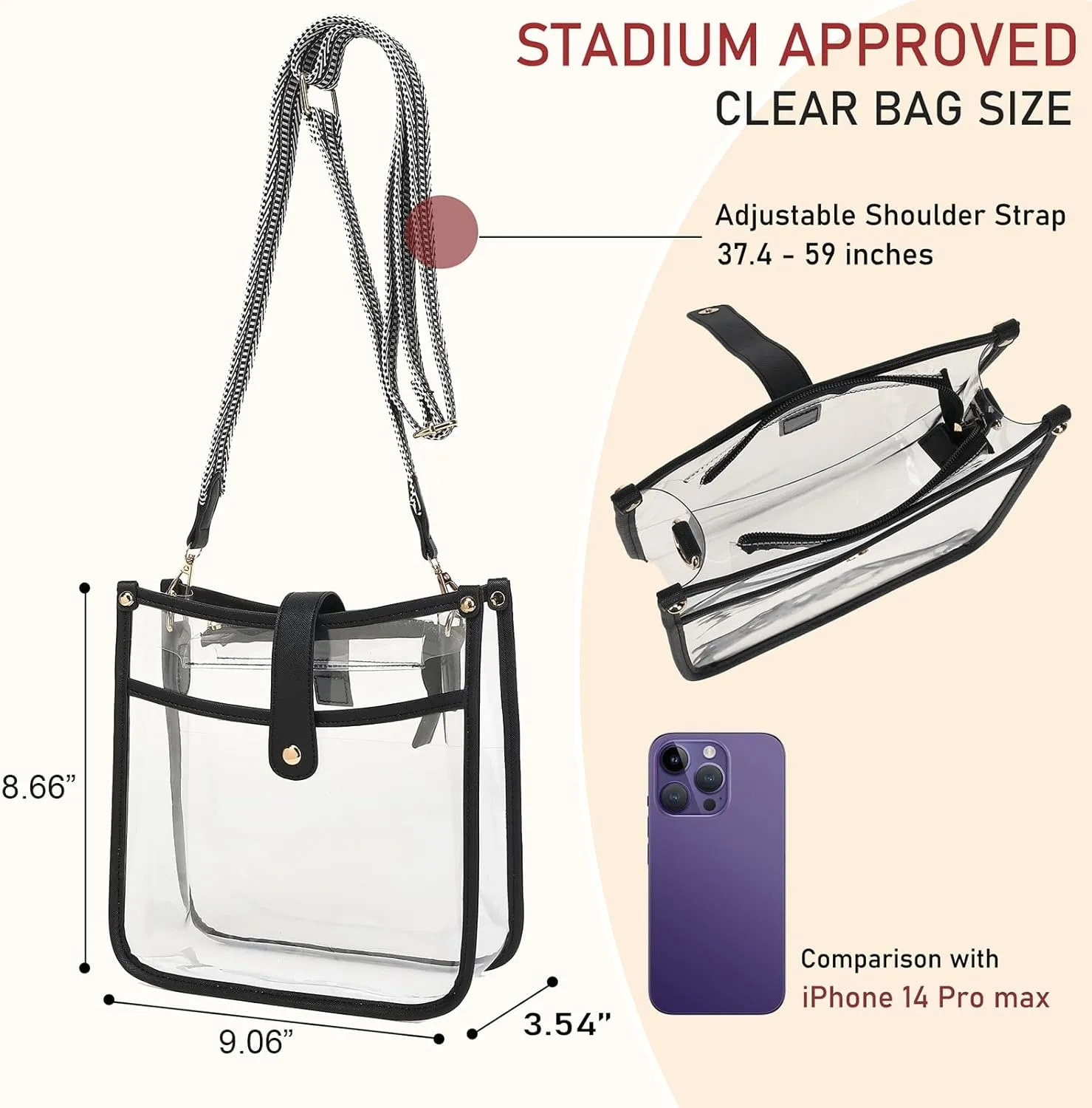 Stadium Clear Bag - Women's Crossbody Tote with Guitar Strap for Concerts