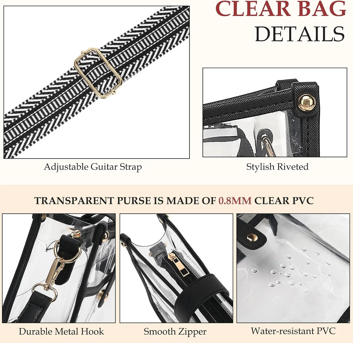 Stadium Clear Bag - Women's Crossbody Tote with Guitar Strap for Concerts