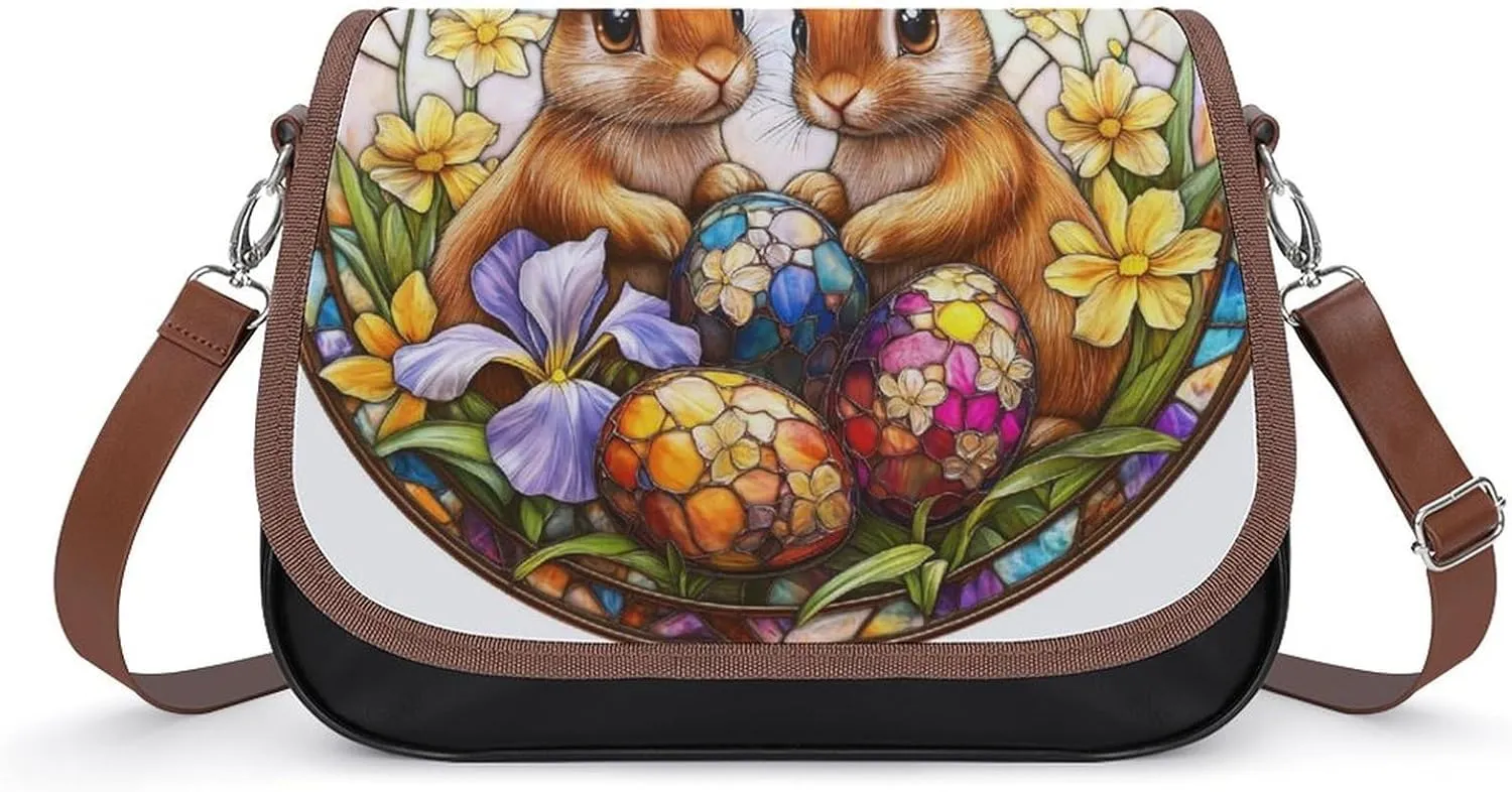 Stained Glass Bunny And Yellow Chick Crossbody Bag Leather Crossbody Bag