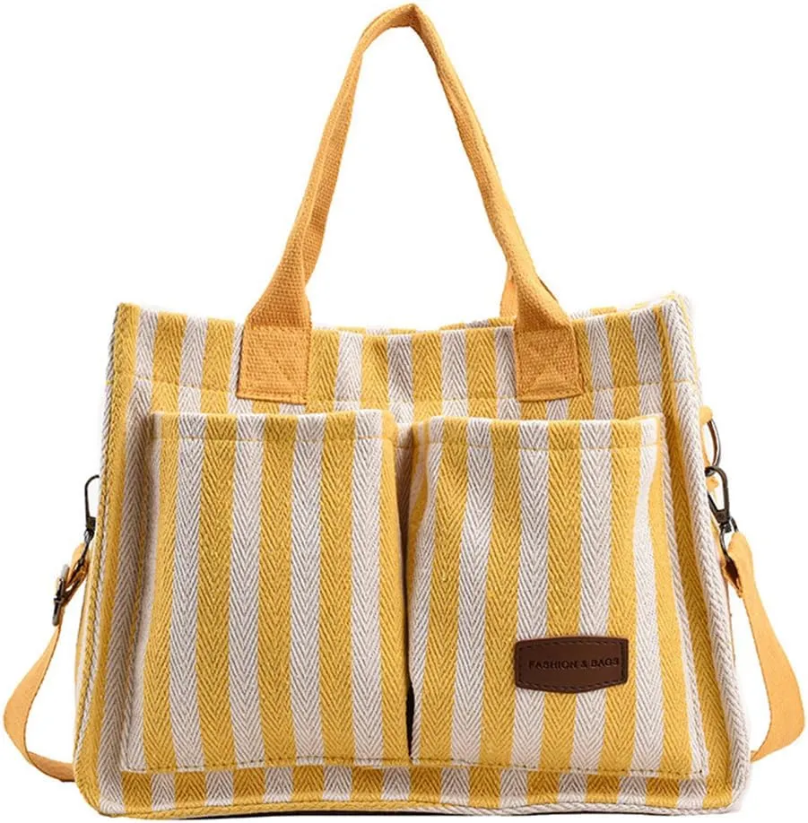 Stripe Canvas Tote Bag for Women Multi-Pockets Satchel Handbag with Top Handle Canvas Hobo Beach Work Tote Bag