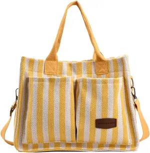 Stripe Canvas Tote Bag for Women Multi-Pockets Satchel Handbag with Top Handle Canvas Hobo Beach Work Tote Bag