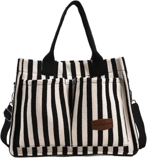 Stripe Canvas Tote Bag for Women Multi-Pockets Satchel Handbag with Top Handle Canvas Hobo Beach Work Tote Bag