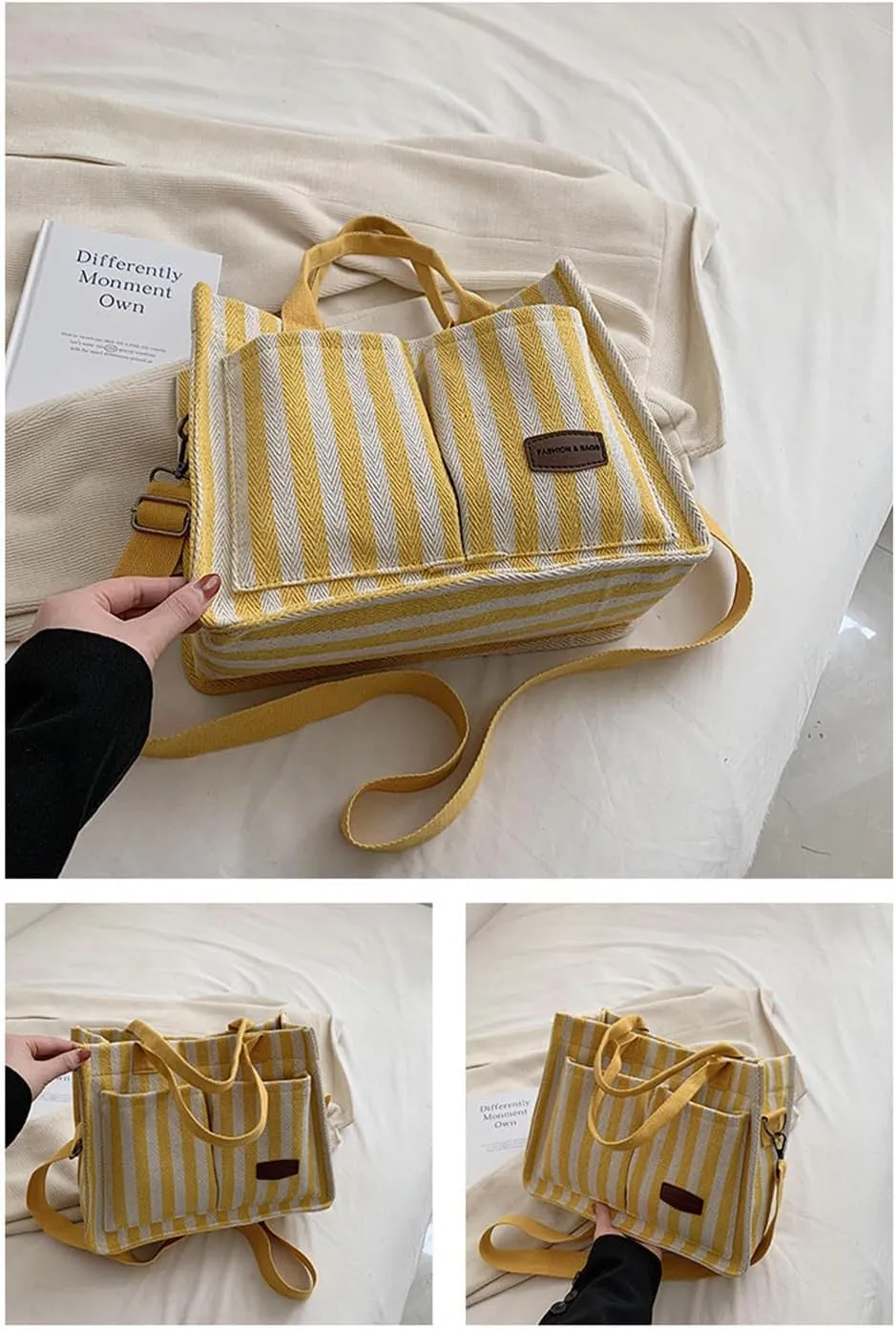 Stripe Canvas Tote Bag for Women Multi-Pockets Satchel Handbag with Top Handle Canvas Hobo Beach Work Tote Bag
