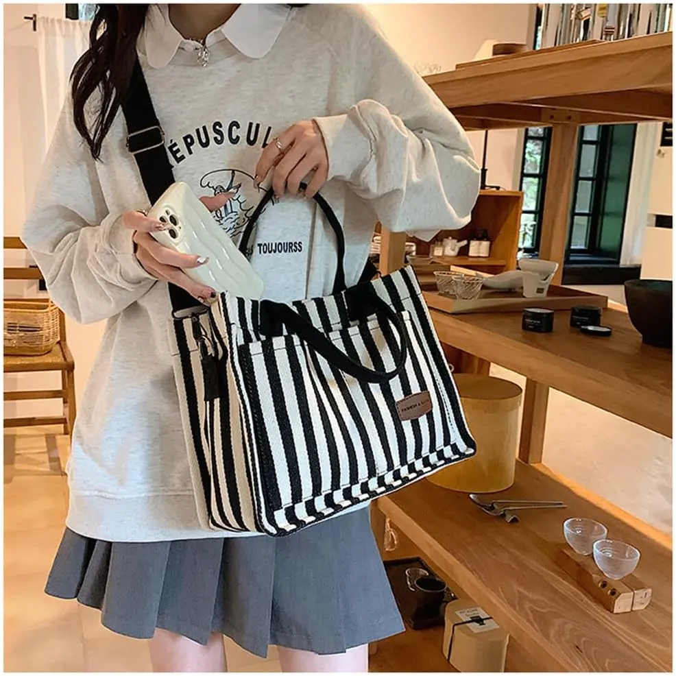 Stripe Canvas Tote Bag for Women Multi-Pockets Satchel Handbag with Top Handle Canvas Hobo Beach Work Tote Bag
