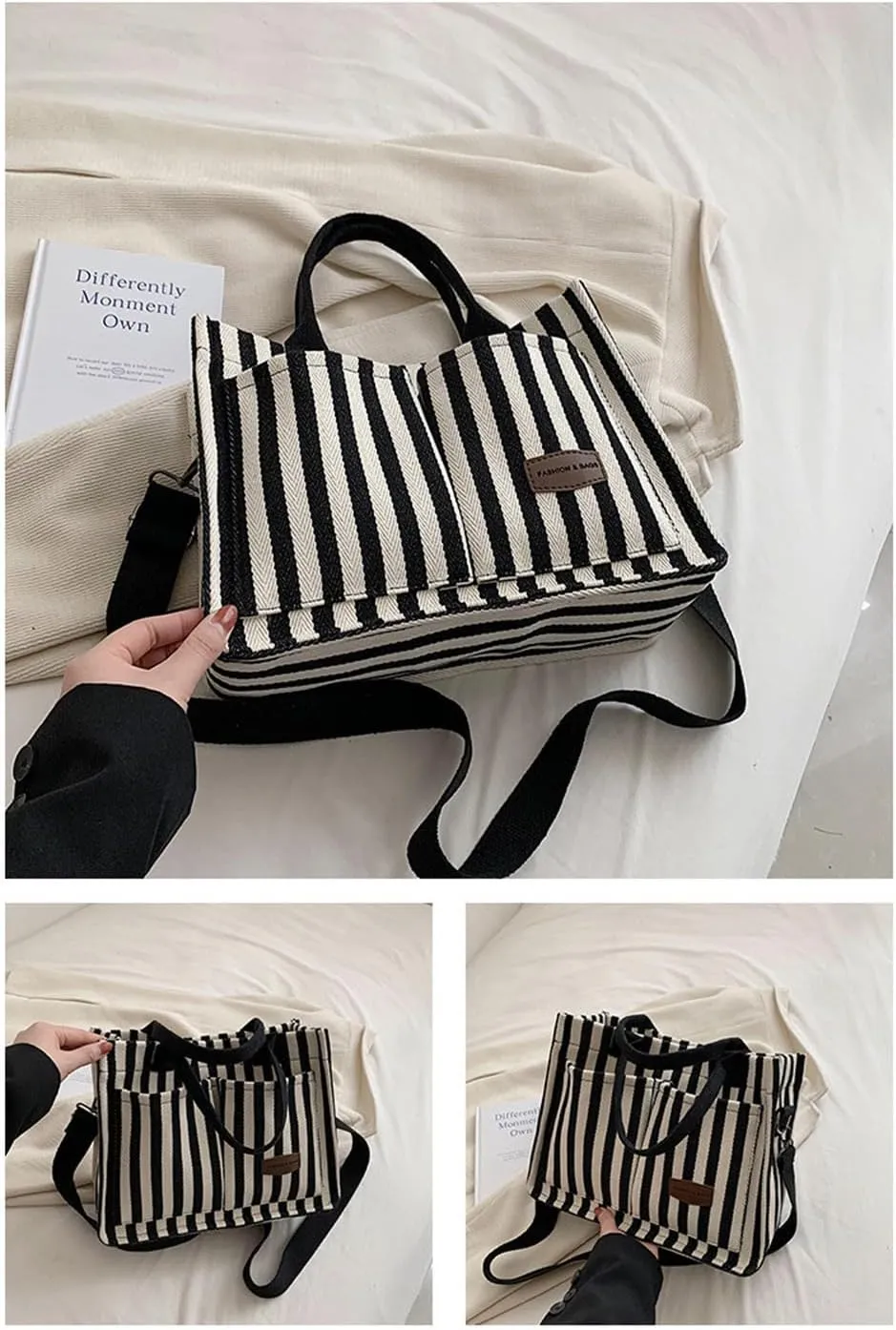Stripe Canvas Tote Bag for Women Multi-Pockets Satchel Handbag with Top Handle Canvas Hobo Beach Work Tote Bag