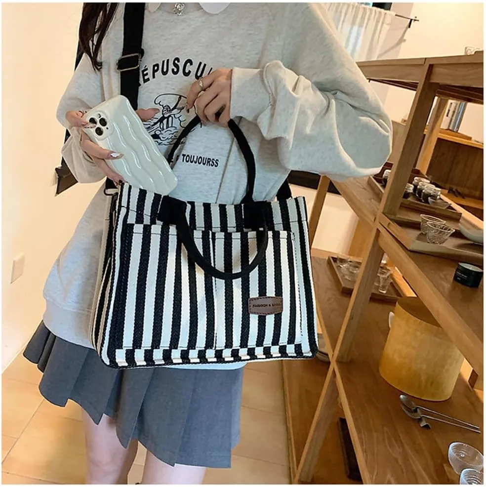 Stripe Canvas Tote Bag for Women Multi-Pockets Satchel Handbag with Top Handle Canvas Hobo Beach Work Tote Bag