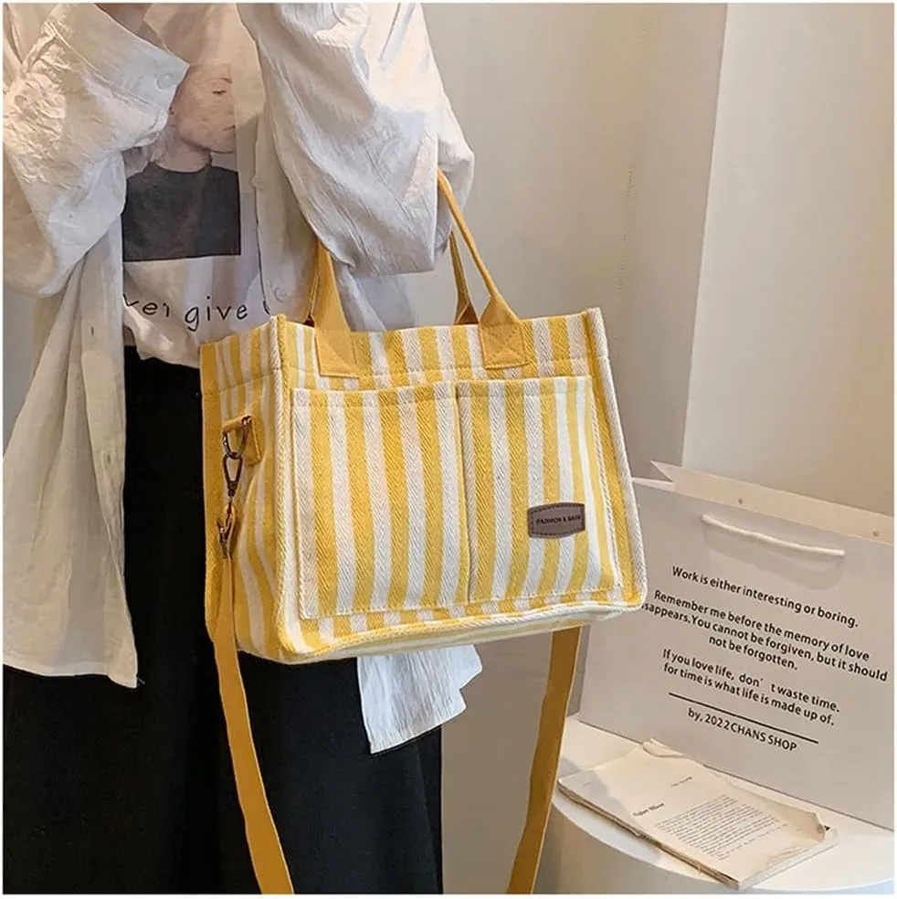 Stripe Canvas Tote Bag for Women Multi-Pockets Satchel Handbag with Top Handle Canvas Hobo Beach Work Tote Bag