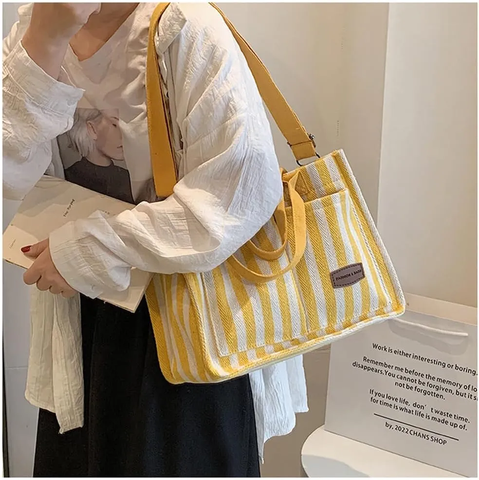 Stripe Canvas Tote Bag for Women Multi-Pockets Satchel Handbag with Top Handle Canvas Hobo Beach Work Tote Bag