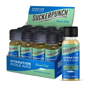 Suckerpunch Hydration Pickle Juice Shot, Dill Flavored, Gluten Free, Post Workout Dill Electrolyte Drink, Low Calorie, Muscle Cramp Defense, Potassium, Keto Friendly, Low Sugar, Non GMO, 2 Oz, 12 CT