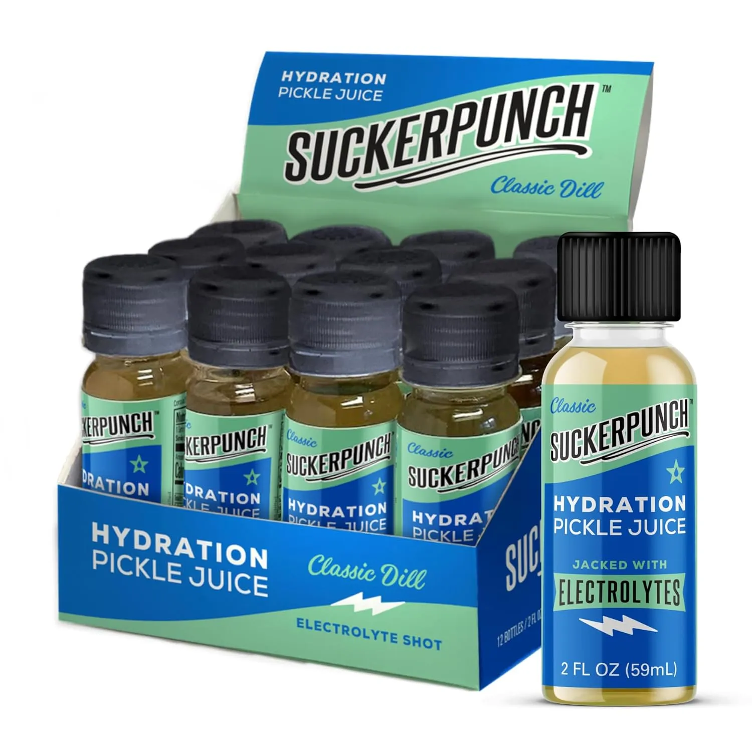 Suckerpunch Hydration Pickle Juice Shot, Dill Flavored, Gluten Free, Post Workout Dill Electrolyte Drink, Low Calorie, Muscle Cramp Defense, Potassium, Keto Friendly, Low Sugar, Non GMO, 2 Oz, 12 CT